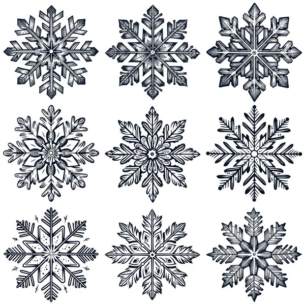 Set Snowflakes Black White Linocut Style — Stock Vector