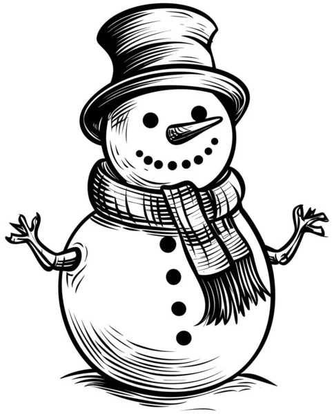 Linocut Style Illustration Happy Snowman Isolated White Background — Stock Vector