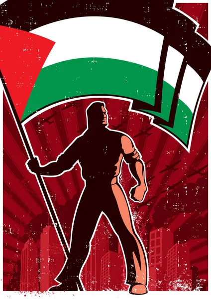 Vintage Style Poster Powerful Figure Standing Palestinian Flag Amidst Gritty — Stock Vector