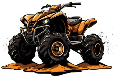 Kum üzerinde turuncu arazi aracının canlı çizimi, beyaz arka plana karşı poz, engebeli maceralara hazır..
