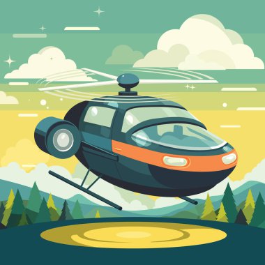 Vibrant flat style illustration of futuristic flying car, hovering above landscape with lush trees and fluffy clouds in the backdrop. clipart