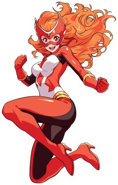 Beyaz arka planda uçan kızıl saçlı süper kahramanın anime tarzı çizimi.
