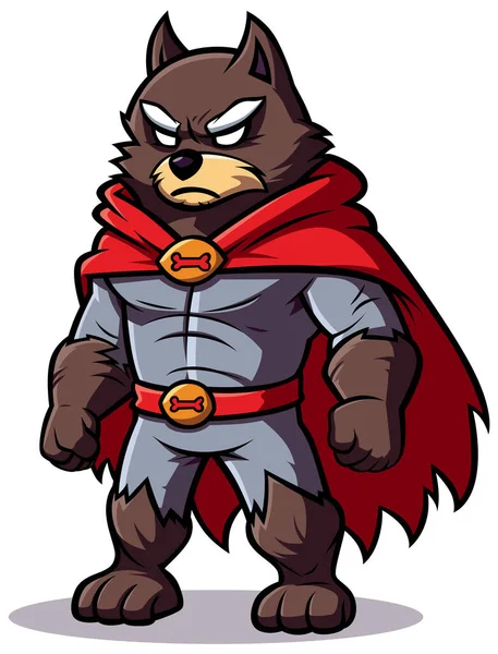 Illustration Cartoon Stil Des Grimmigen Superhelden Wolf Mit Rotem Umhang — Stockvektor