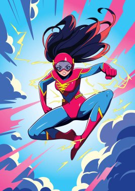 Vibrant superheroine soars through dynamic sky. Clad in a bold red, blue, and yellow suit, she exudes confidence, surrounded by electric bolts. clipart