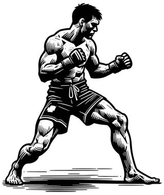 Muhafız pozisyonunda MMA dövüşçüsü, detaylı siyah-beyaz tahta kesim izi.