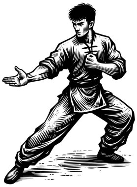 Kung Fu uygulayıcısı savunma pozisyonunda, tahta kesim stili, siyah ve beyaz.