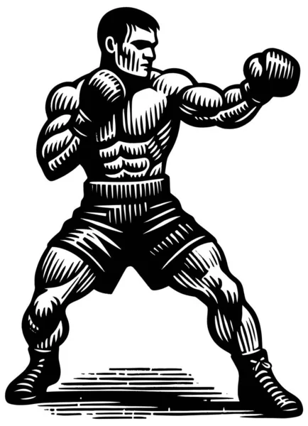 Boxer Poised Punch Dynamic Black White Woodcut Style — Stock Vector