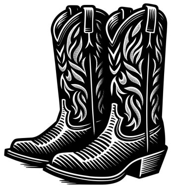 Pair of cowboy boots, linocut style with intricate patterns. clipart