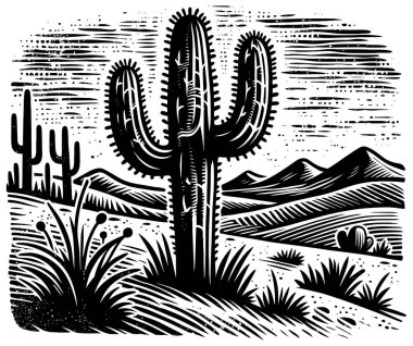 Çölde Saguaro kaktüsü, linocut baskı, siyah beyaz.