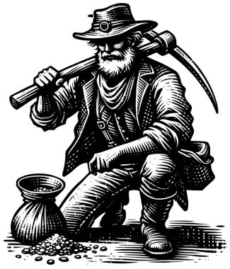 Kazma ve çanta dolusu altın külçeli servet avcısının linocut stili çizimi.