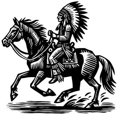 Amerikan yerlisi binicilik şefi, stilize edilmiş linocut baskı, siyah ve beyaz.