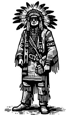 Tüylü başlıklı geleneksel giyinmiş Amerikan yerlilerinin linocut tarzı çizimi.