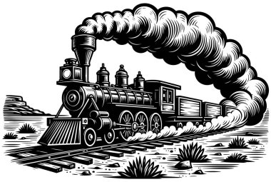 Buharlı trenin dalgalı dumanla raylarda tıkırdamasının linocut stili çizimi.