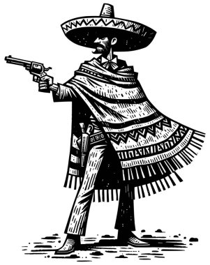 Sombrero ve panço ile bir tabancayı hedef alan vaquero 'nun linocut tarzı çizimi.