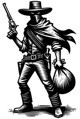 Geniş kenarlı şapkalı kanun kaçağı, siyah beyaz tahta kesim tarzında silah ve ganimet çuvalı..