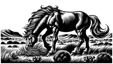 Manzaralı bir arazide otlayan vahşi bir Mustang 'in linocut tarzı çizimi.