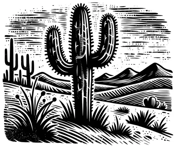 Saguaro Cacto Deserto Linocut Print Preto Branco — Vetor de Stock