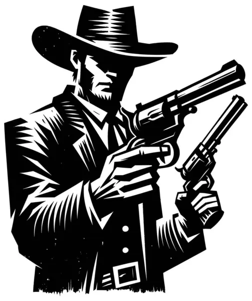 Woodcut Style Illustration Cowboy Drawing His Guns — Stock Vector