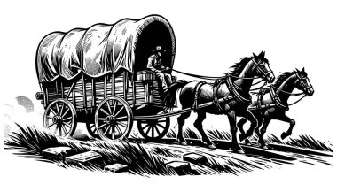 Atlar tarafından çekilen ve Amerikan Vahşi Batı 'sında öncüleri taşıyan kapalı vagonun linocut çizimi.