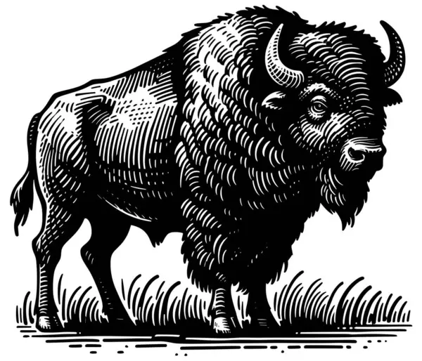 Ilustração Estilo Linocut Bisonte Americano Isolado Sobre Fundo Branco — Vetor de Stock