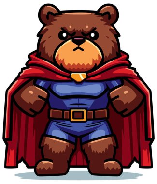 Süper kahraman gibi giyinmiş, kırmızı pelerinli ve kendine güvenen bir ayı..