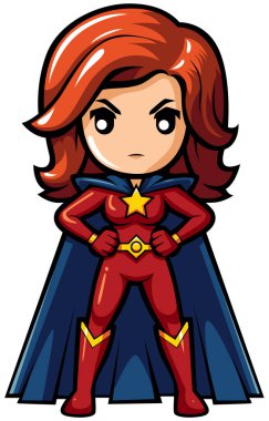 Kırmızı kostümlü, kendine güvenen, canlı ve hareketli bir kadın süper kahraman..