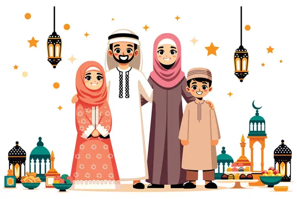 Ilustrace Rodiny Blízkého Východu Slavnostním Oděvu Lucernami Oslavujícími Eid Fitr — Stockový vektor