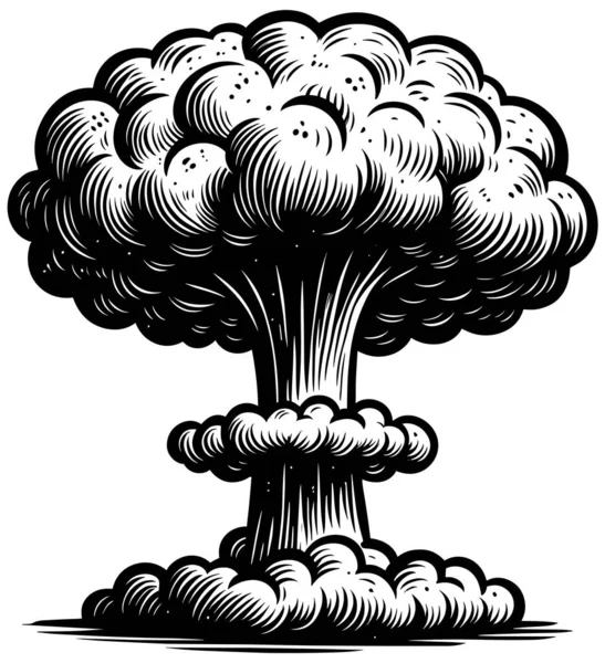Explosão Nuclear Com Nuvem Cogumelos Estilo Xilogravura — Vetor de Stock