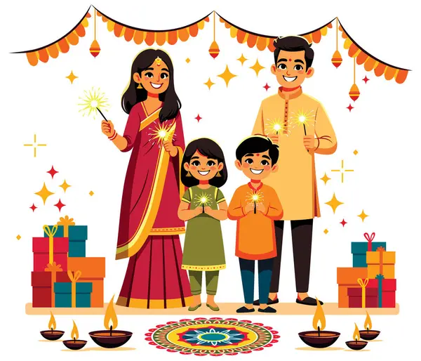 Lapos Stílusú Illusztráció Boldog Indiai Család Hagyományos Öltözékben Ünnepli Diwali Stock Vektor