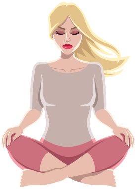 Beyaz arka plan üzerinde meditasyon yapan sakin ve sakin bir kadının karikatür tarzı çizimi..