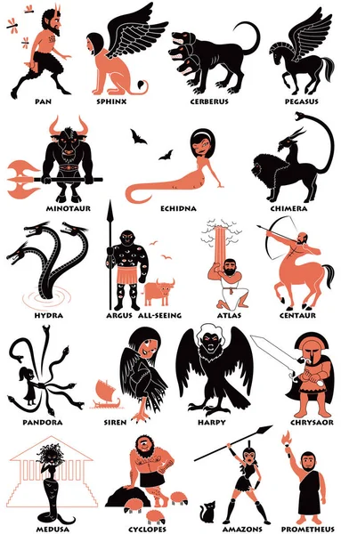 Conjunto Ilustración Diseño Plano Criaturas Figuras Mitología Griega Sobre Fondo — Vector de stock