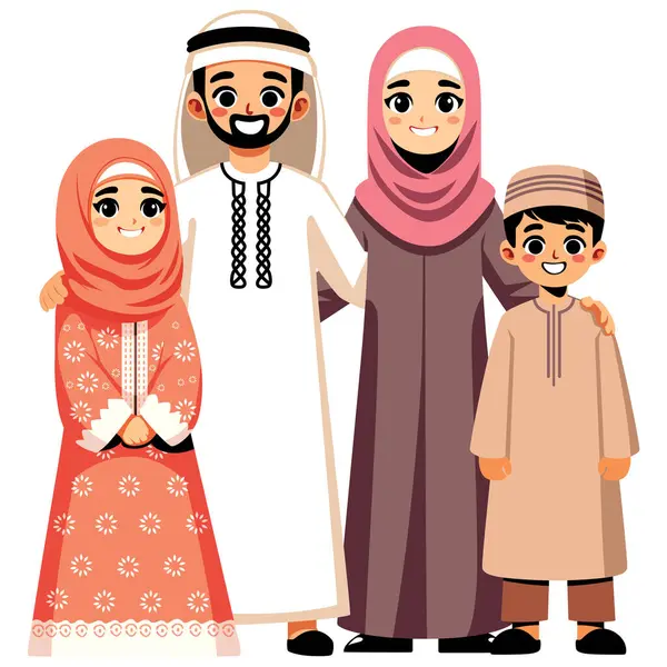 Illustrazione Stile Cartone Animato Una Famiglia Mediorientale Che Sorride Insieme — Vettoriale Stock