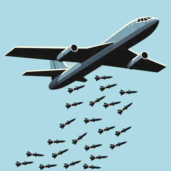 Ročník Styl Ilustrace Vojenského Letadla Uvolňující Bomby Polovině Letu Proti — Stockový vektor