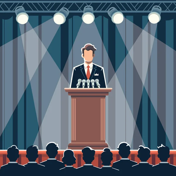 一个政客站在领奖台上讲话的平面设计图 听众站在前面 — 图库矢量图片