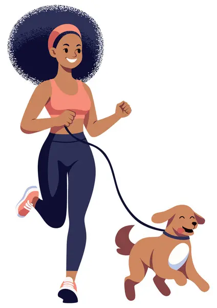 Иллюстрация Плоском Стиле Африканская Женщина Бегает Своей Собакой Изолированная Белом Стоковый вектор