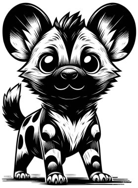 Beyaz arka planda şirin bebek Afrikalı vahşi köpeğin ahşap kesimi çizimi.