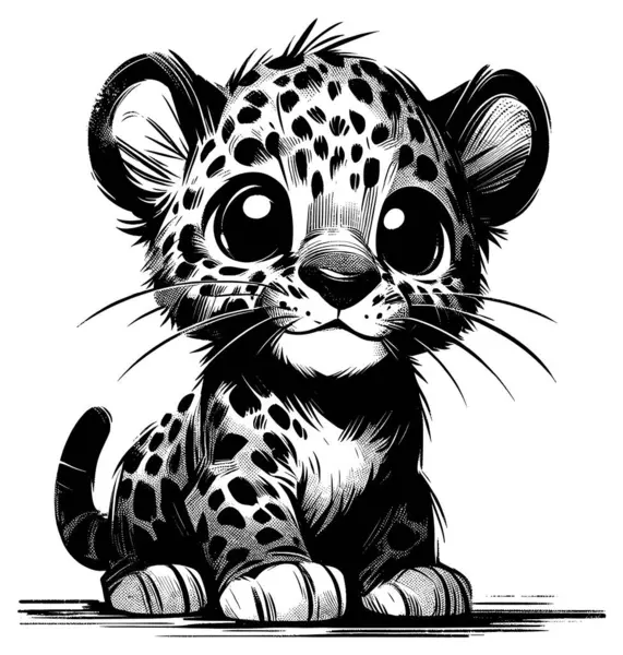 Woodcut Estilo Ilustração Bebê Bonito Leopardo Africano Fundo Branco — Vetor de Stock