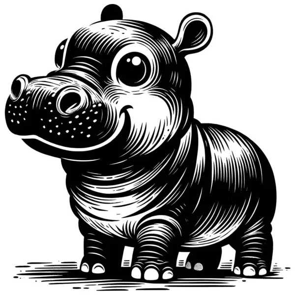Woodcut Style Illustration Cute Baby Hippopotamus White Background — Stock Vector