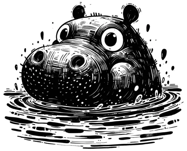 Illustration Style Woodcut Bébé Hippopotame Mignon Sur Fond Blanc — Image vectorielle