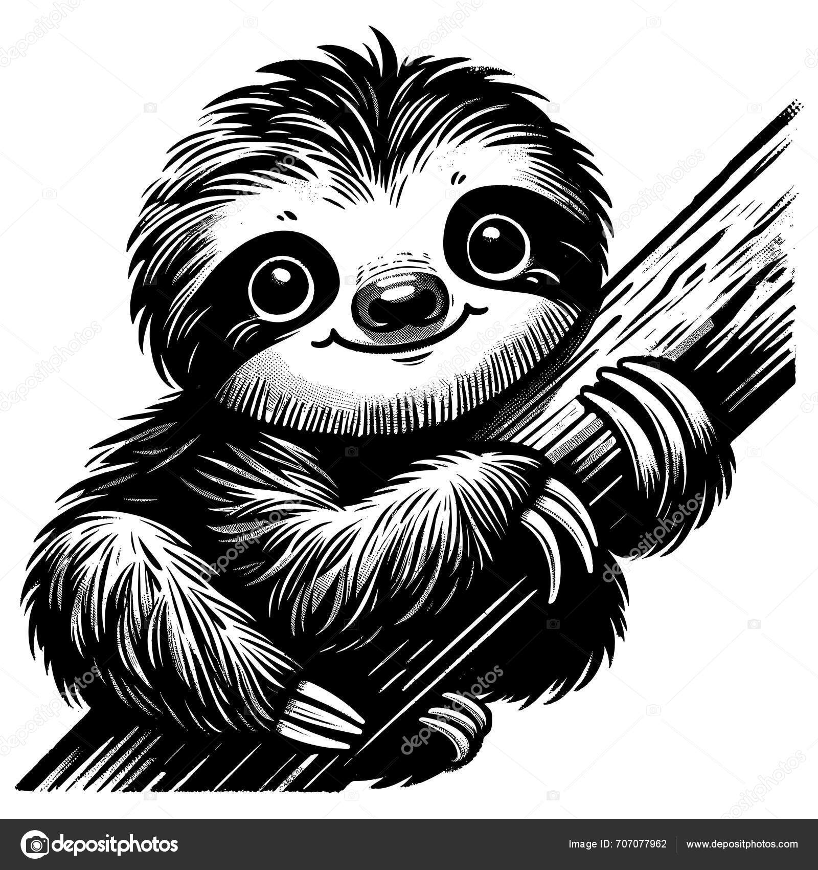 Woodcut Style Illustration Cute Baby Sloth White Background Stock