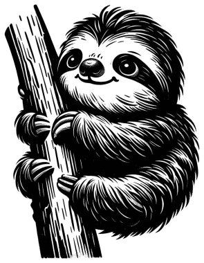 Beyaz arkaplanda şirin bebek tembelliğinin ahşap kesimi çizimi.