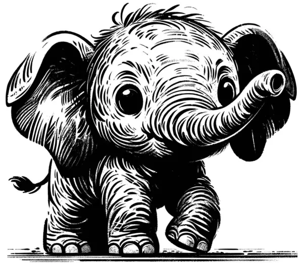 Woodcut Styl Ilustracja Cute Baby Słoń Białym Tle — Wektor stockowy