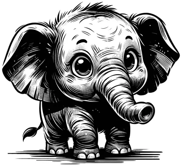 Woodcut Style Illustration Cute Baby Elephant White Background — Stock Vector