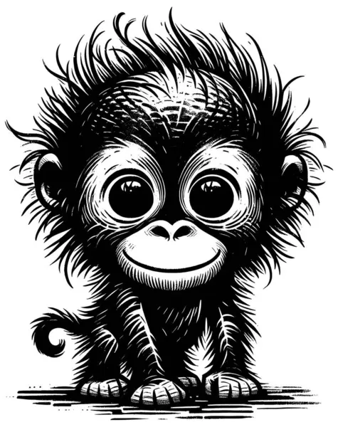 Woodcut Estilo Ilustração Orangotango Bebê Bonito Fundo Branco — Vetor de Stock