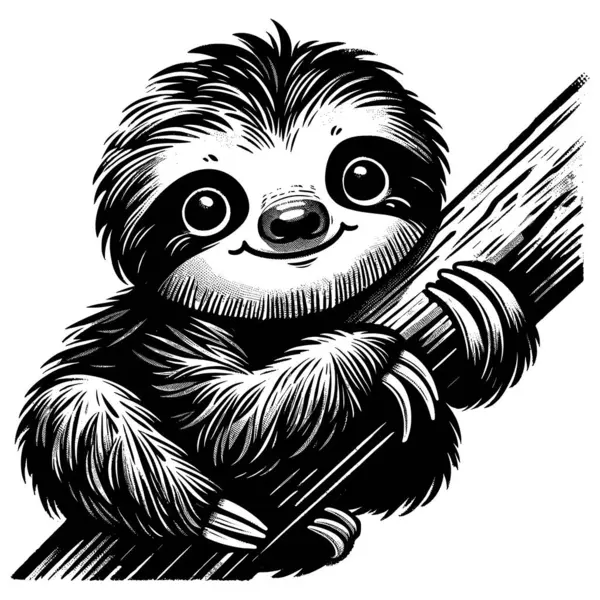 Woodcut Style Illustration Cute Baby Sloth White Background — Stock Vector