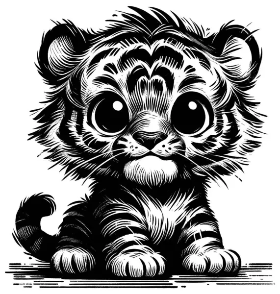Illustration Style Woodcut Bébé Tigre Mignon Sur Fond Blanc — Image vectorielle