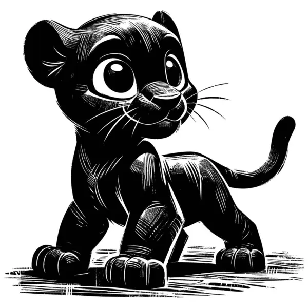 Woodcut Styl Ilustracja Cute Baby Panther Białym Tle Wektory Stockowe bez tantiem