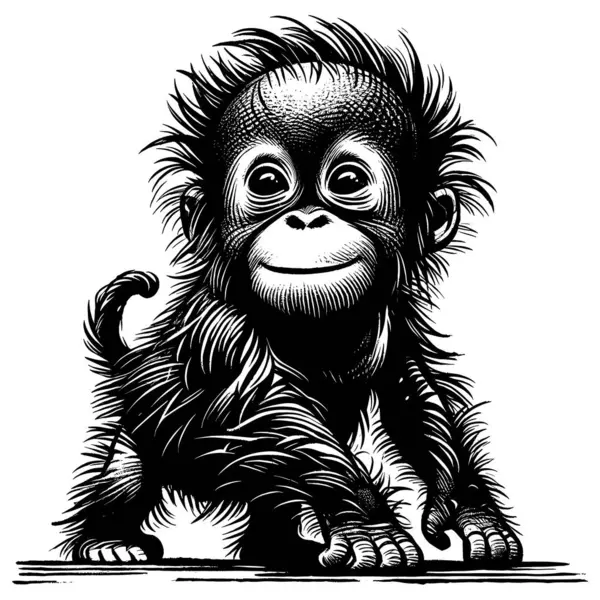 Woodcut Estilo Ilustração Orangotango Bebê Bonito Fundo Branco Ilustração De Bancos De Imagens