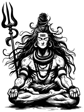 Beyaz arkaplanda Hindu tanrısı Shiva 'nın ahşap kesimi çizimi.