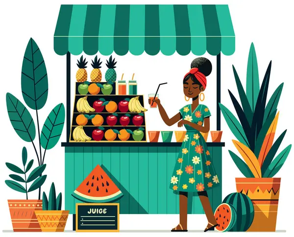 Lapos Design Illusztráció Egy Afrikai Szolgálja Gyümölcslé Egy Élénk Utcai Vektor Grafikák